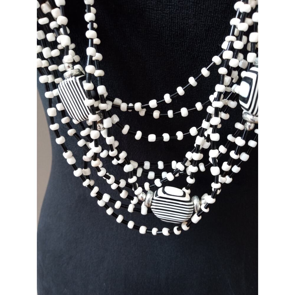 Long Black White Beaded Multi Strand Necklace Layered Boho Statement Jewelry - Picture 2 of 5